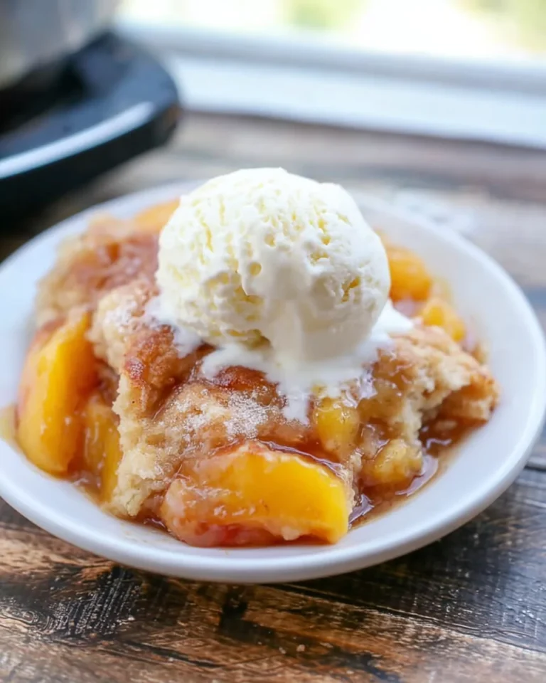 Southern peach cobbler served with vanilla ice cream