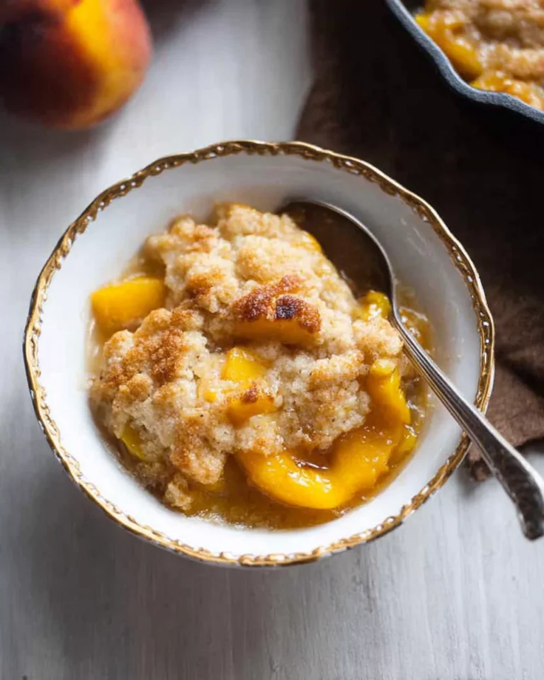 Served classic peach cobbler recipe with ice cream