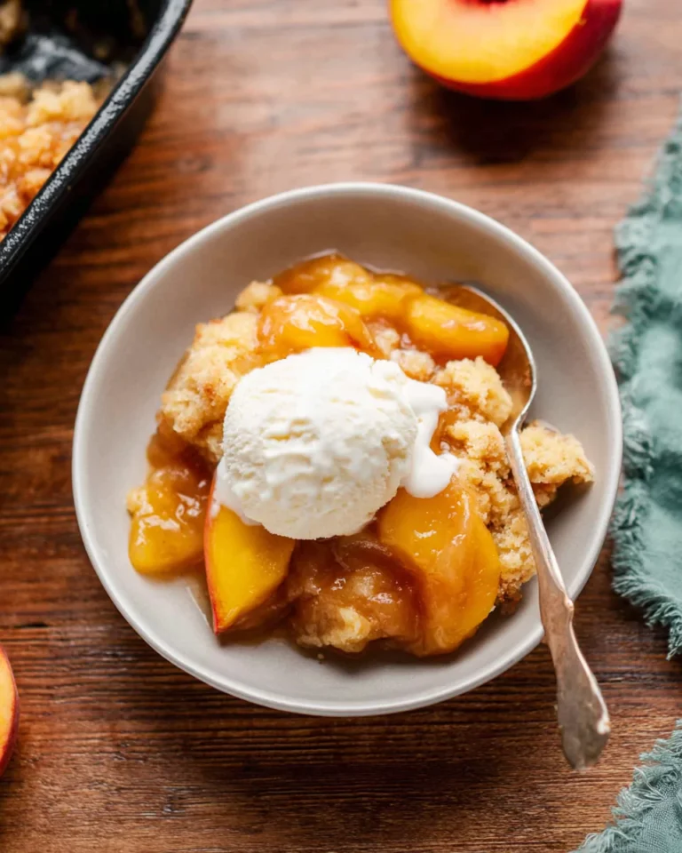 Serving of Fresh Peach Cobbler Recipe with vanilla ice cream