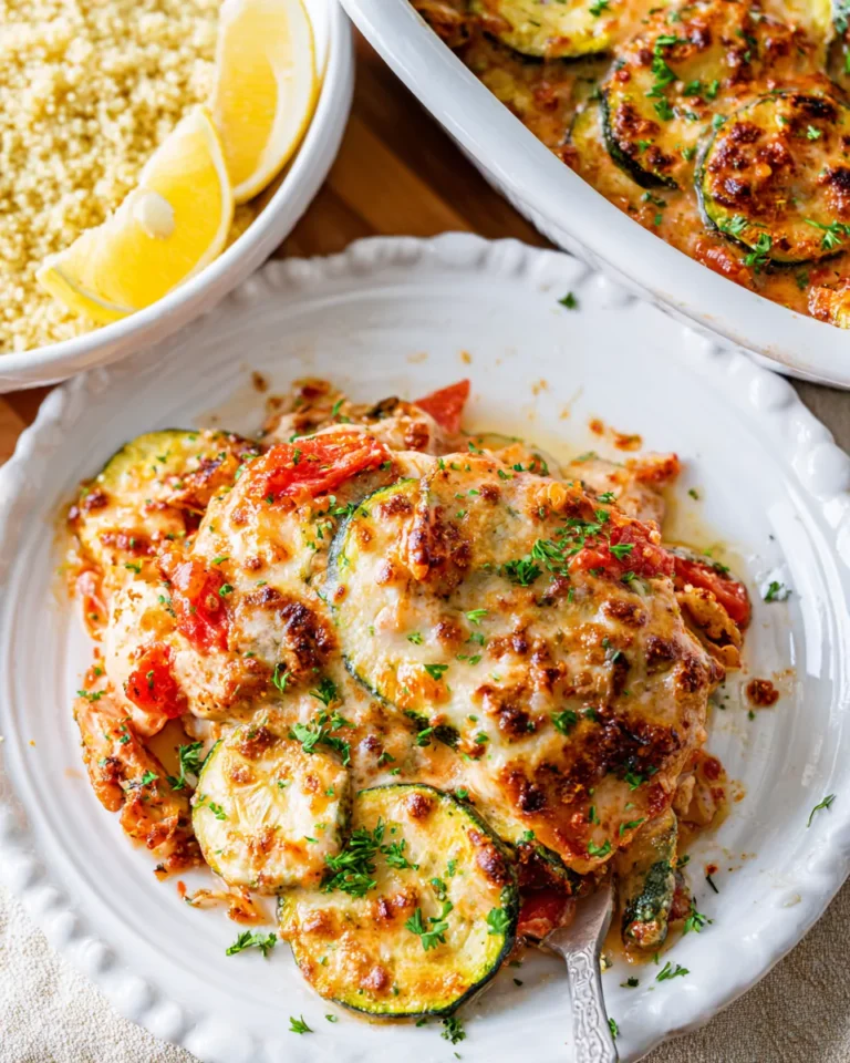 Plated slice of Mediterranean Chicken Zucchini Bake with parsley and couscous