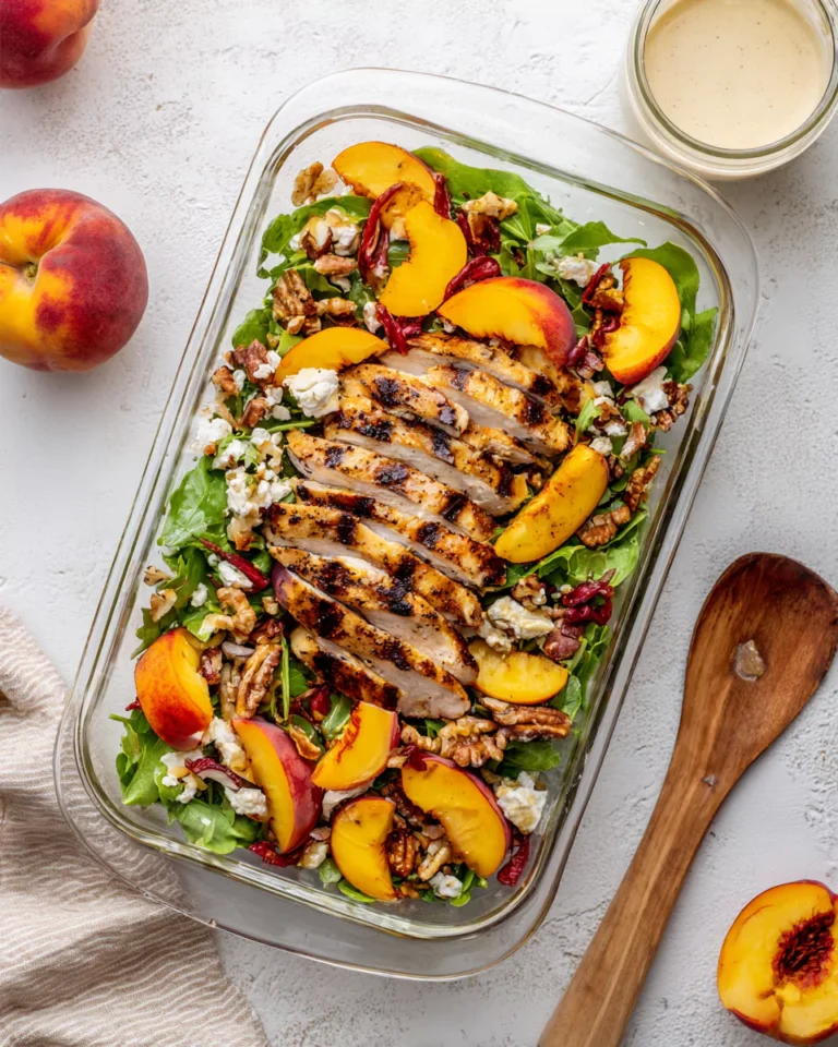 Grilled peach chicken salad styled for recipe card
