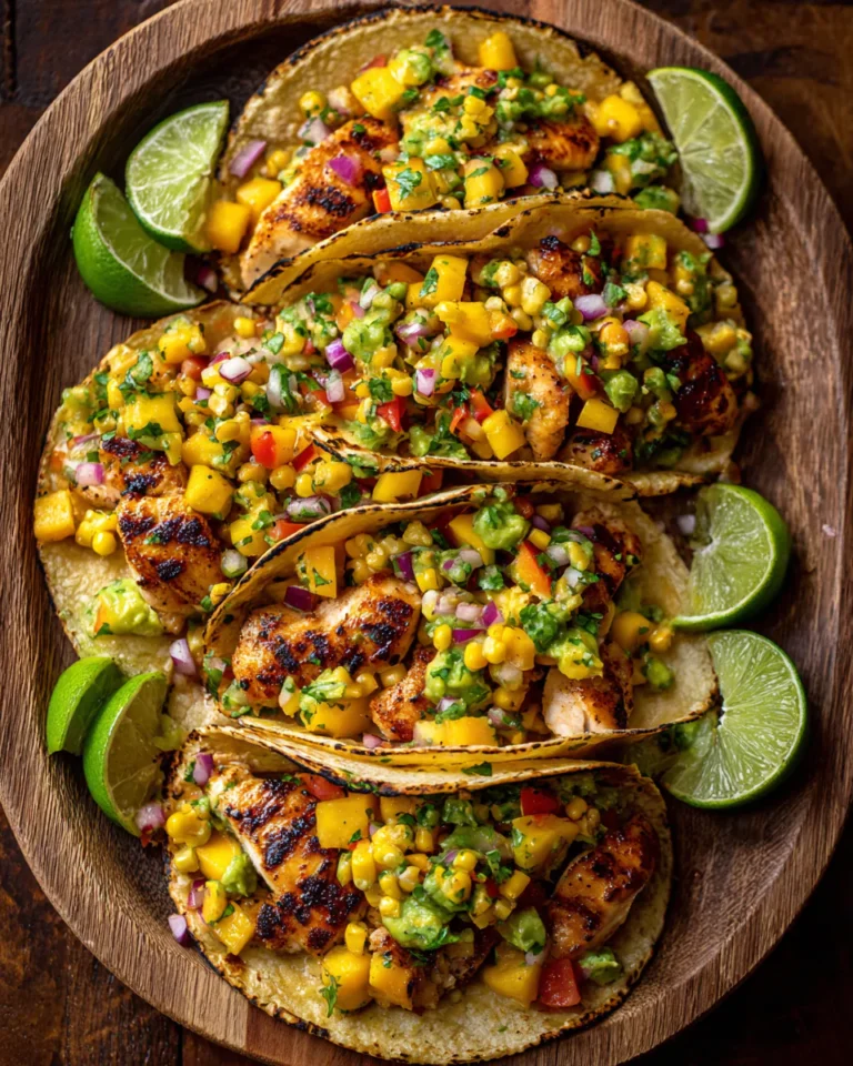 peach avocado salsa on tacos