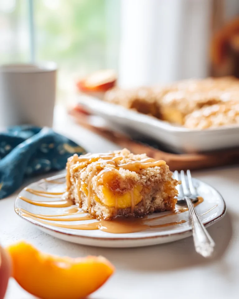 Sliced peach cobbler bars ready to serve