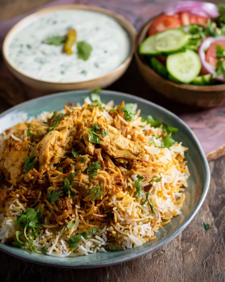 Served masaledar chicken biryani with raita
