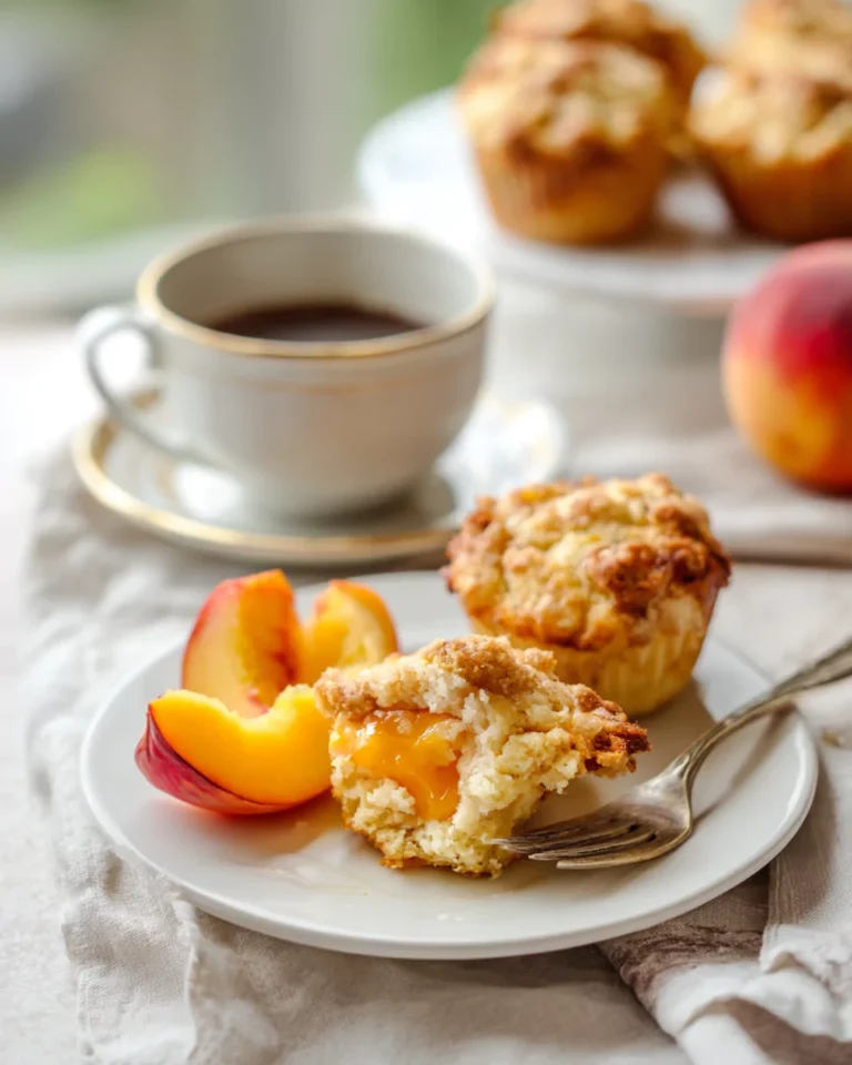 serving peach cobbler muffins with fresh peach