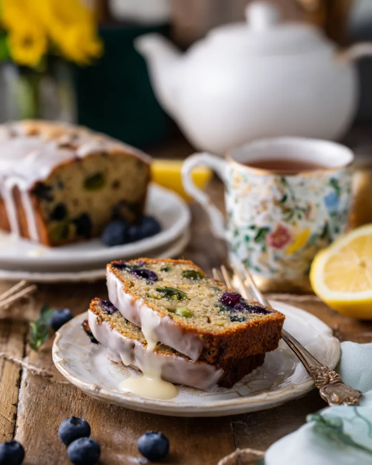 lemon blueberry zucchini bread slice with glaze
