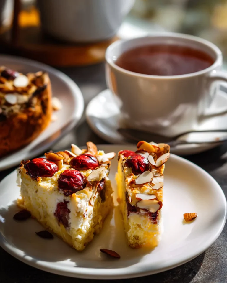 full cherry almond bake with one slice removed