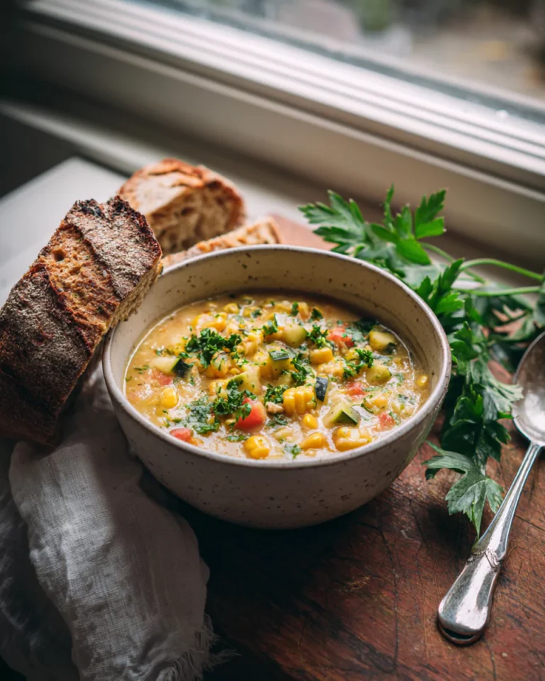 Summer corn and zucchini chowder served in a white ceramic bowl