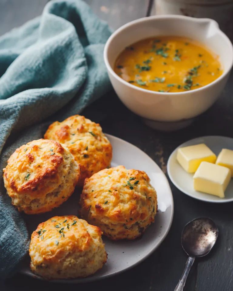 Keto cheddar biscuits served with soup and butter