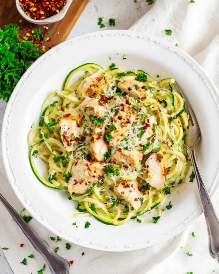 Served zucchini noodle chicken Alfredo with toppings