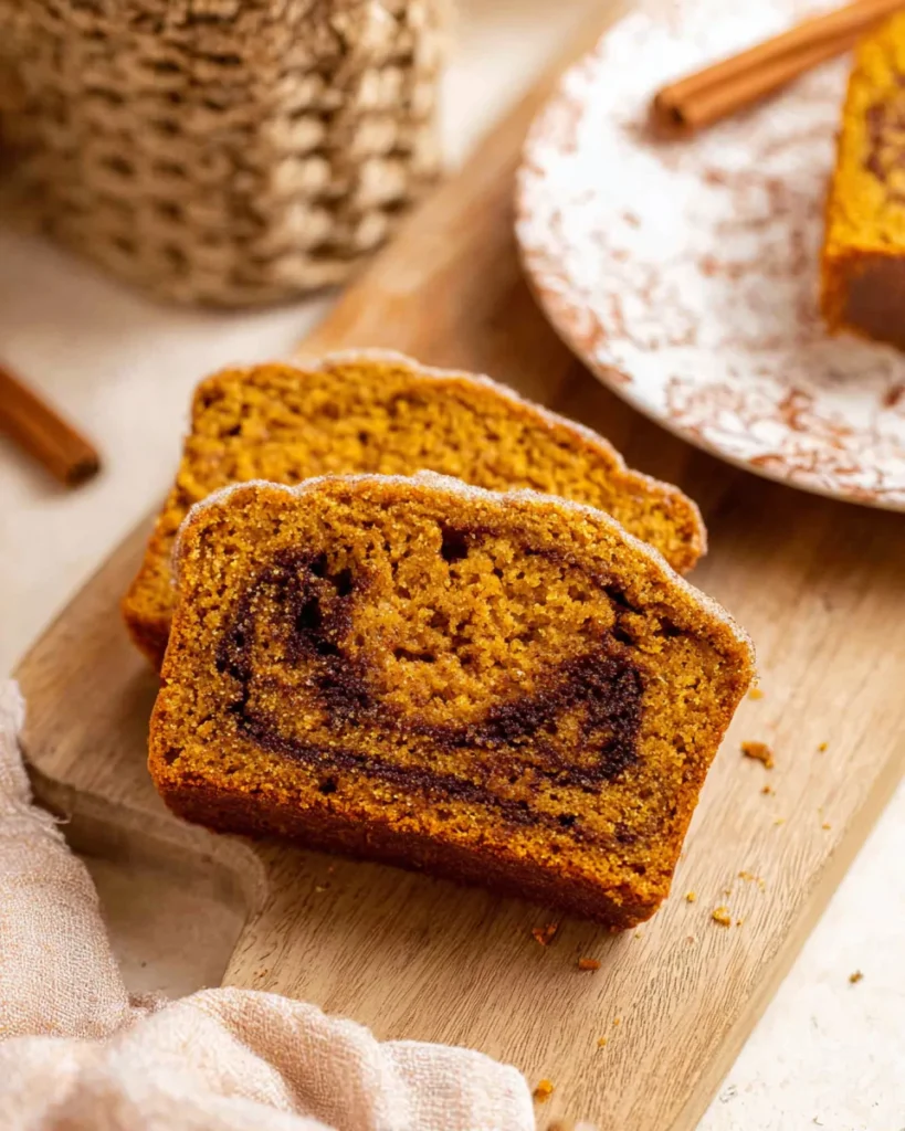 Snickerdoodle pumpkin bread sliced with cinnamon sugar swirl on a wooden board