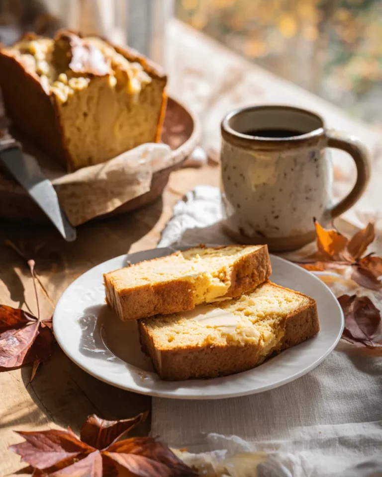Slices of pumpkin cream cheese bread served with coffee