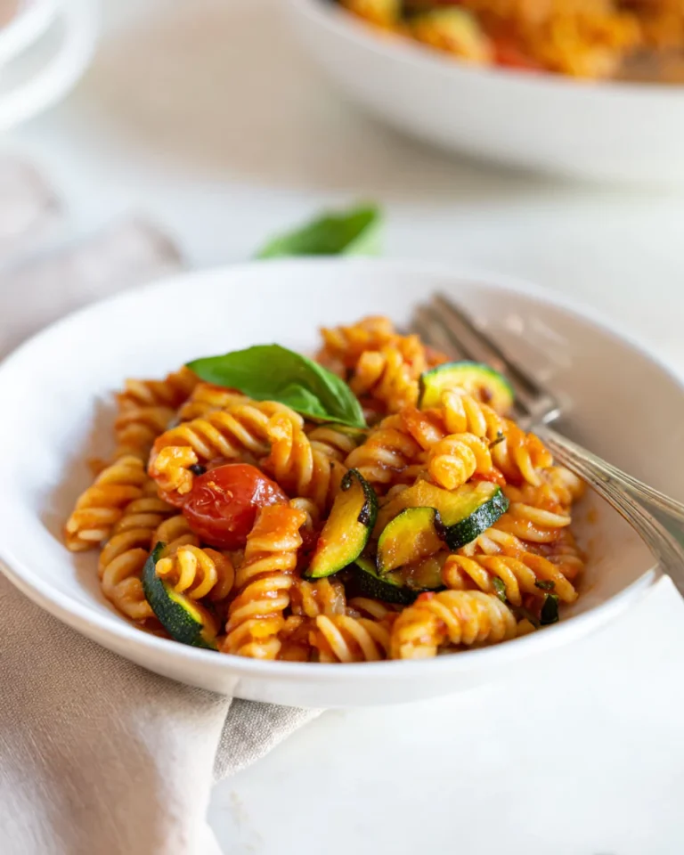 Served bowl of tomato zucchini pasta with basil