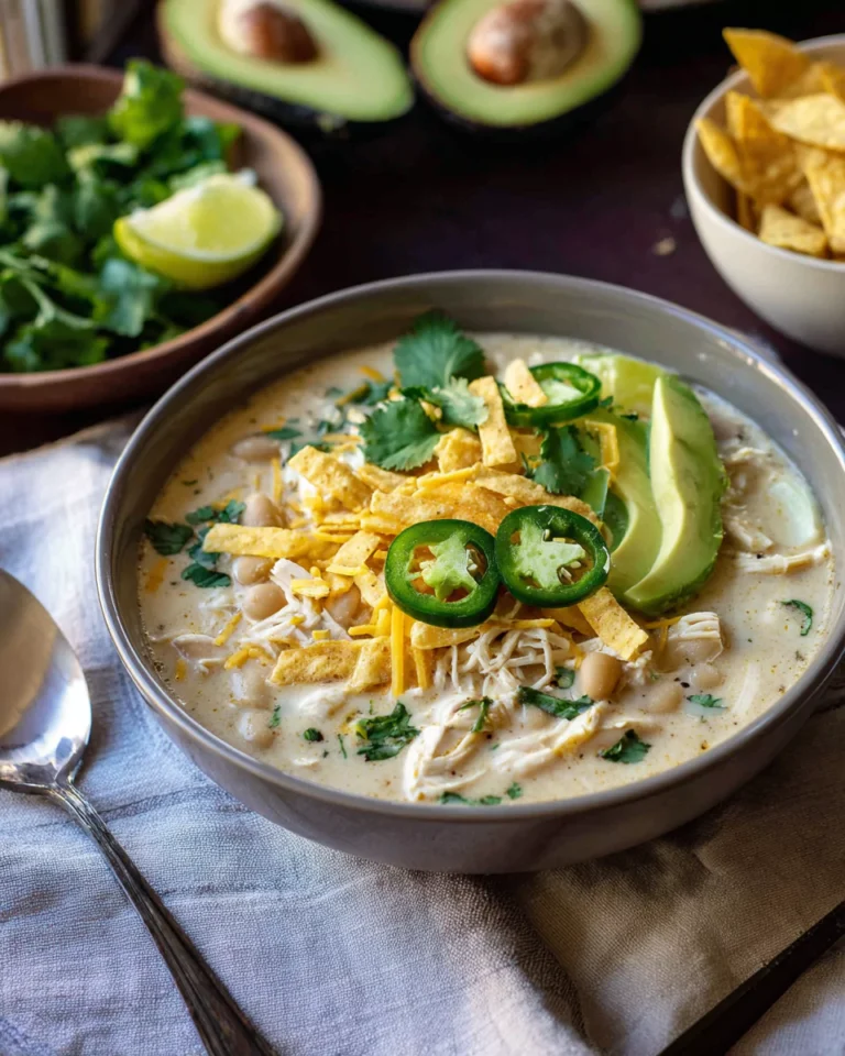 Serving Instant Pot White Chicken Chili with toppings