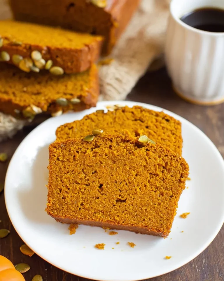 Slice of vegan pumpkin bread served with coffee