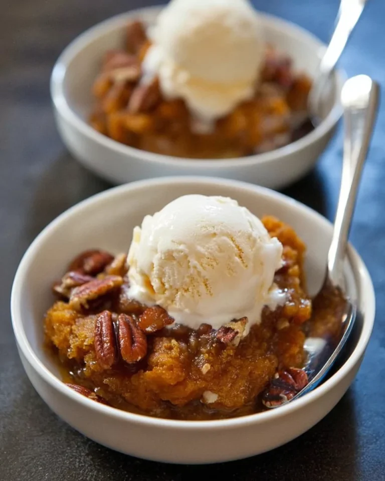 Pumpkin pecan cobbler with ice cream