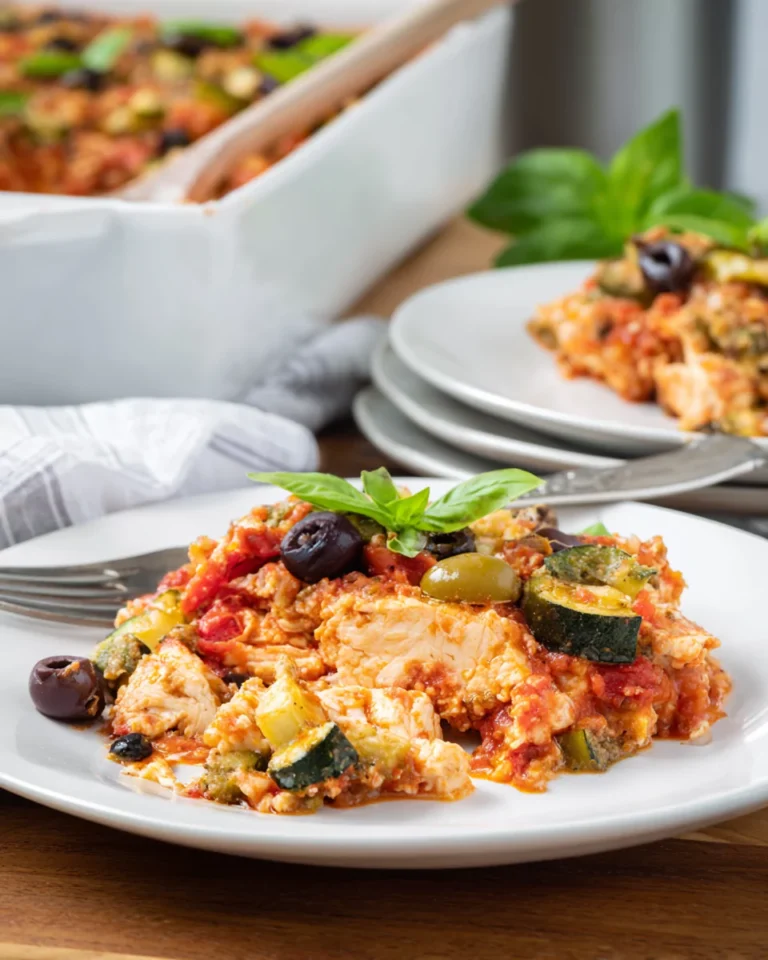 Served Mediterranean chicken and zucchini casserole portion