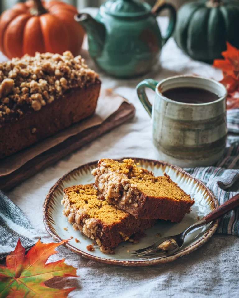 sliced pumpkin streusel bread served with coffee