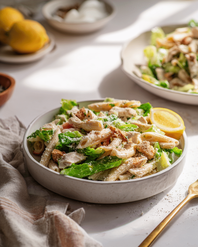 Served Chicken Caesar Pasta Salad on Plate