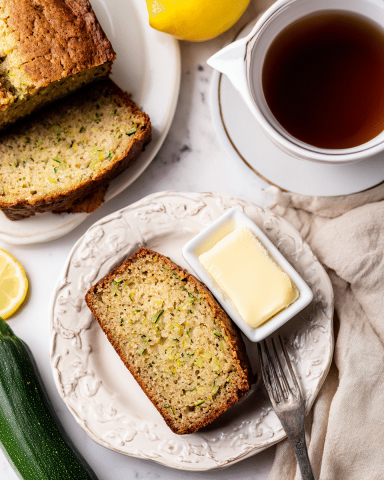 Slice of lemon zucchini bread with tea