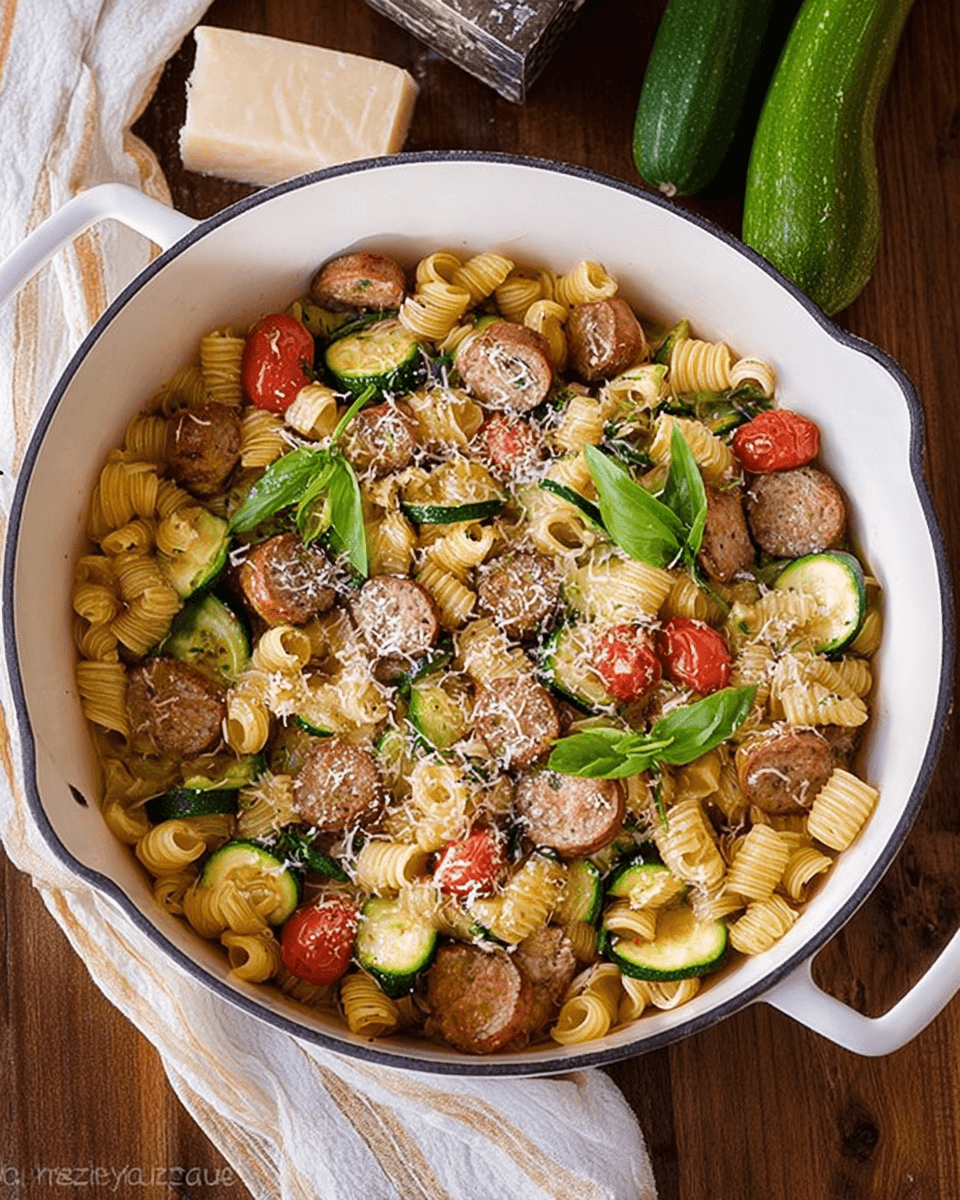 Chicken Sausages with Zucchini, Tomatoes, and Pasta (One-Pot Family Favorite)