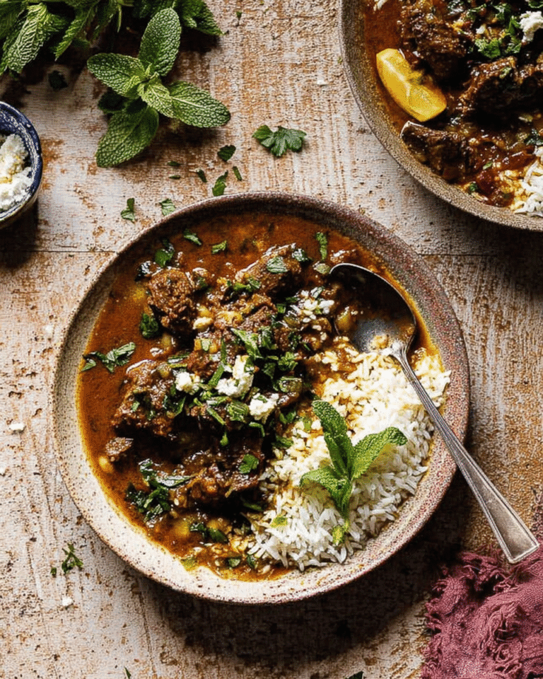 Persian Inspired Herb and Beef Stew with Rice served with toppings