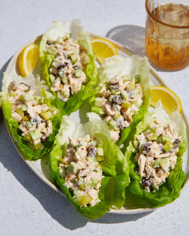 Served chicken salad lettuce wraps on tray