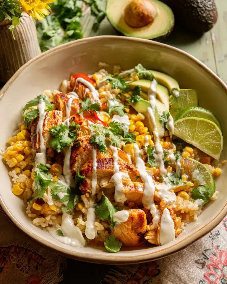 Fully assembled street corn chicken bowl