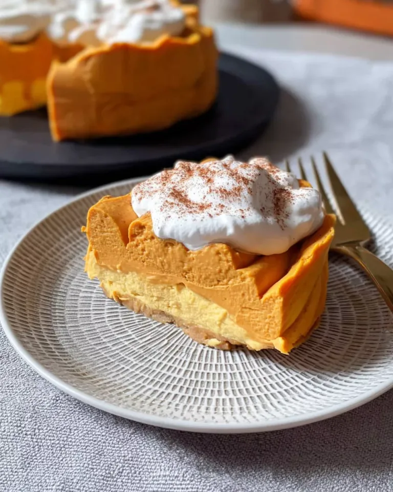 Serving slice of pumpkin cream cheese cottage cheese bake