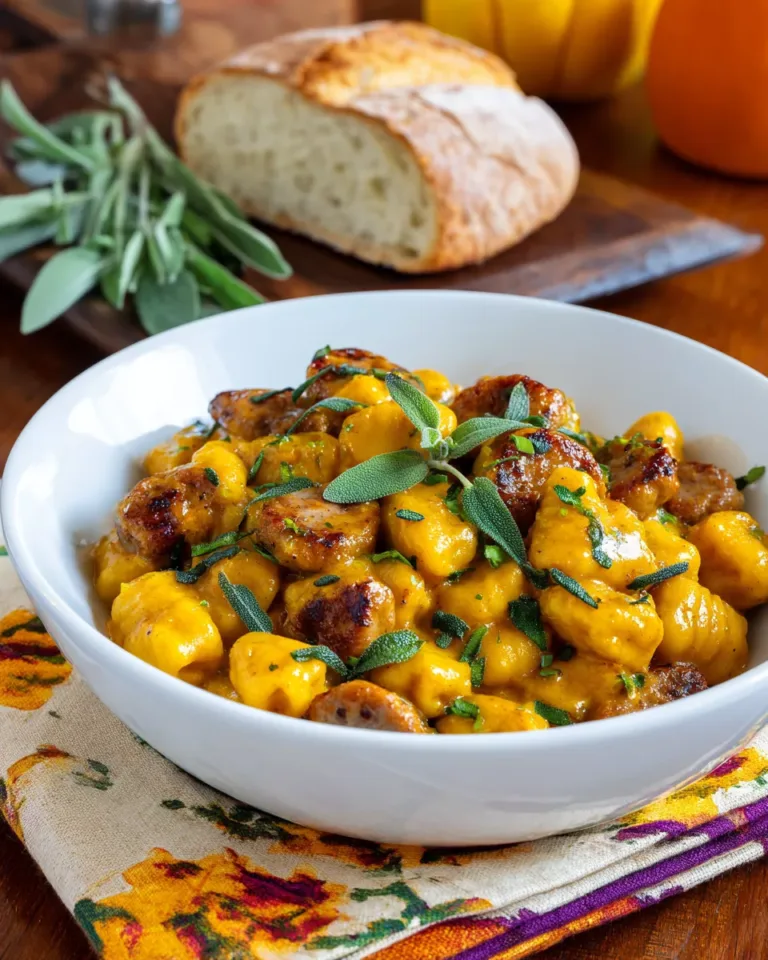 Serving bowl of butternut squash gnocchi with sausage