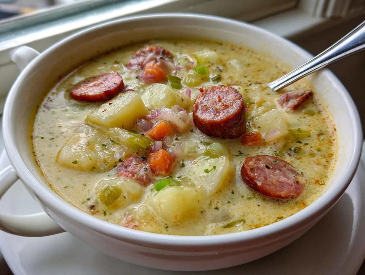 Creamy 30-Minute Cheesy Potato Kielbasa Soup Saves Busy Nights