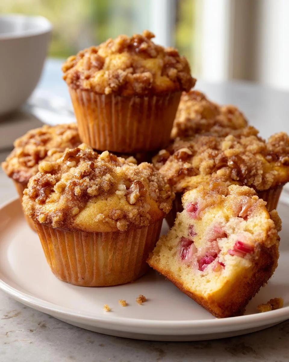 Bakery style rhubarb muffins with cinnamon streusel topping