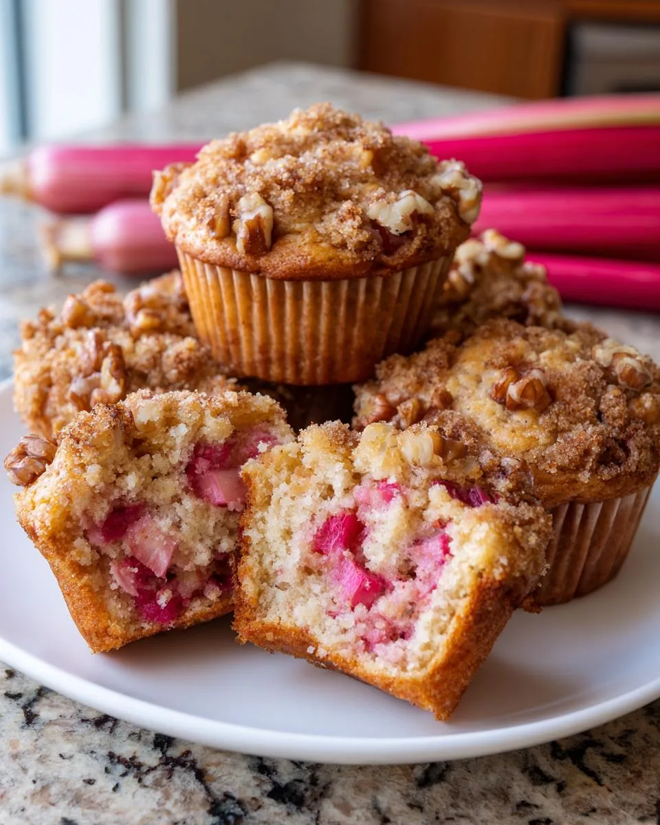 Freshly baked bakery style rhubarb muffins in a muffin pan
