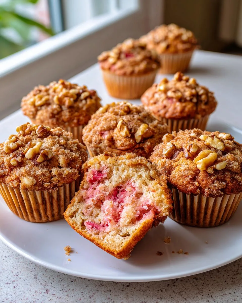 Bakery style rhubarb muffins served on a plate