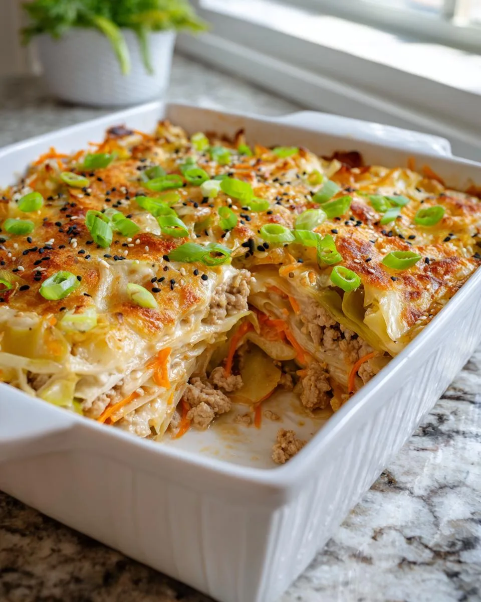 Cabbage noodle stir-fry casserole baked in a dish