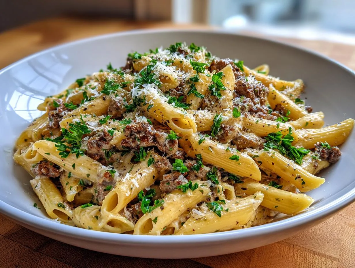 One Pot Creamy Beef Garlic Pasta Ready in 30 Minutes