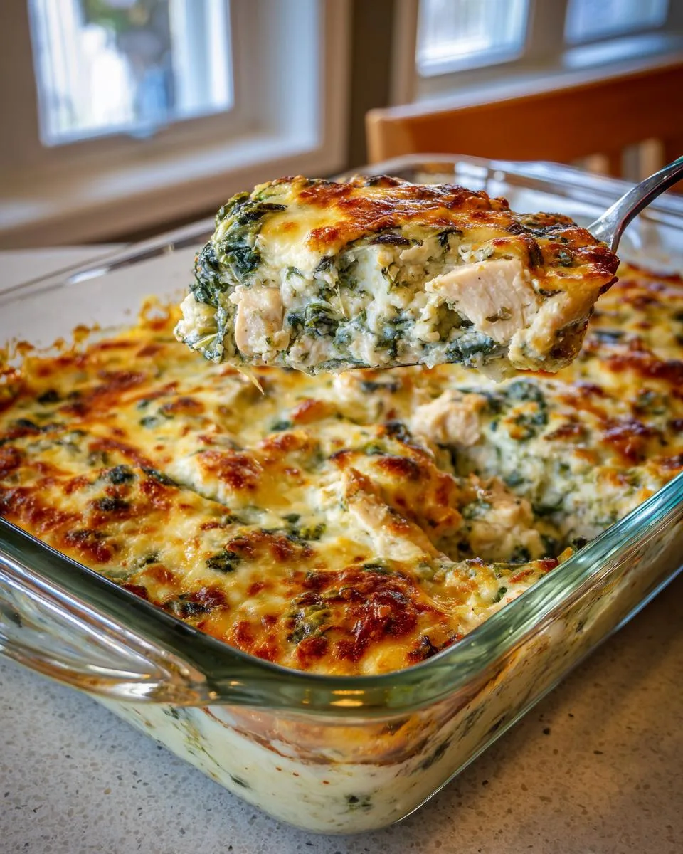 Spinach artichoke chicken casserole baked with melted cheese