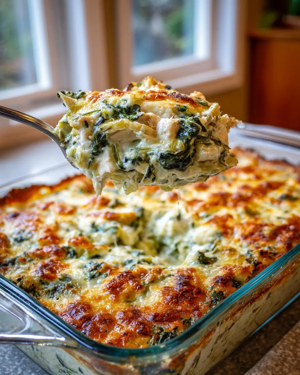 Served spinach artichoke chicken casserole on a plate