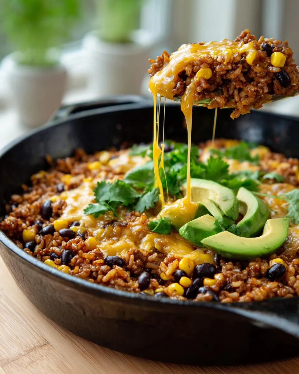 Taco rice skillet with ground beef, rice, cheese, and toppings