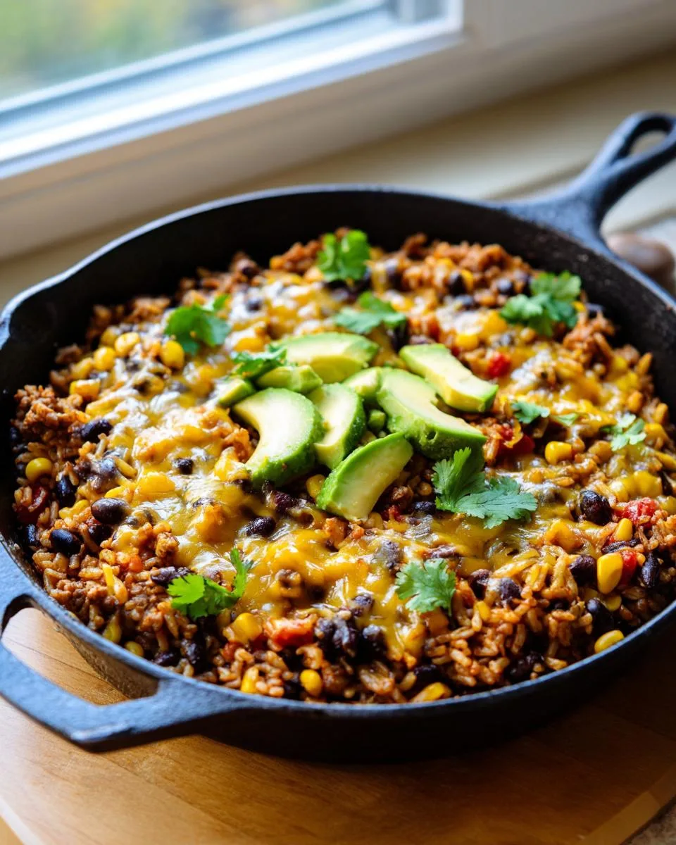 Taco rice skillet cooking in a pan with beef, beans, corn, and tomatoes