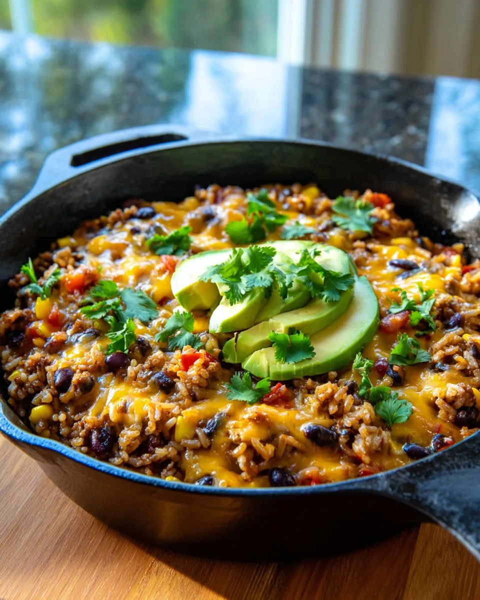 Served taco rice skillet topped with melted cheese, avocado, and cilantro