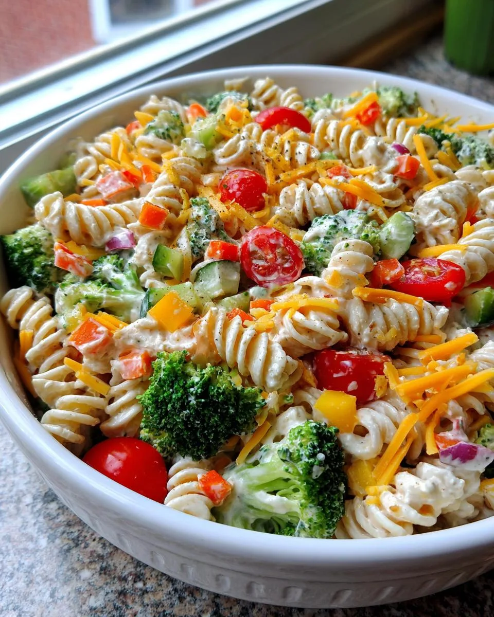 Creamy veggie cottage cheese pasta salad tossed in dressing