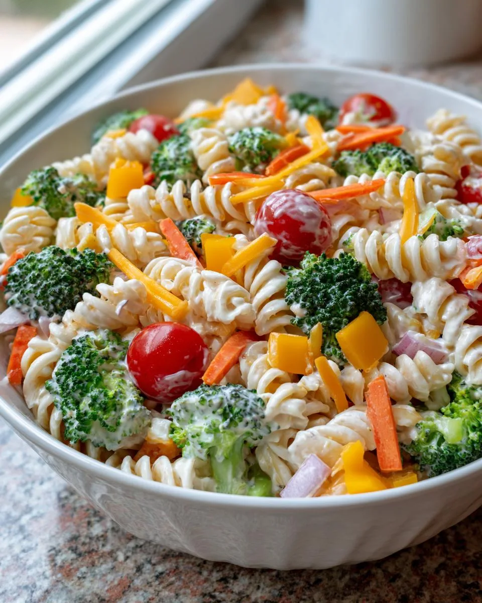 Veggie cottage cheese pasta salad served in a bowl