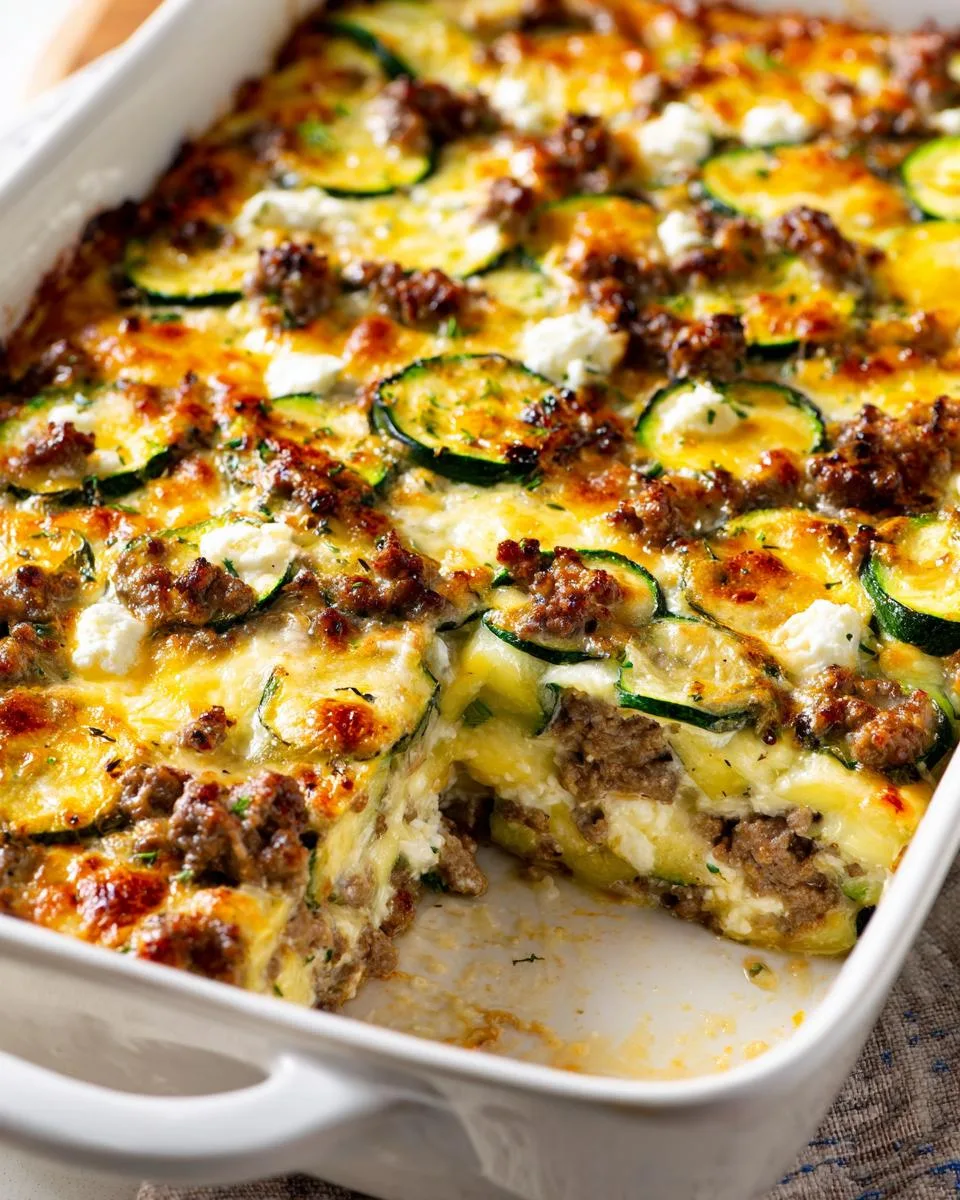 Cottage cheese ground beef zucchini bake with melted cheese