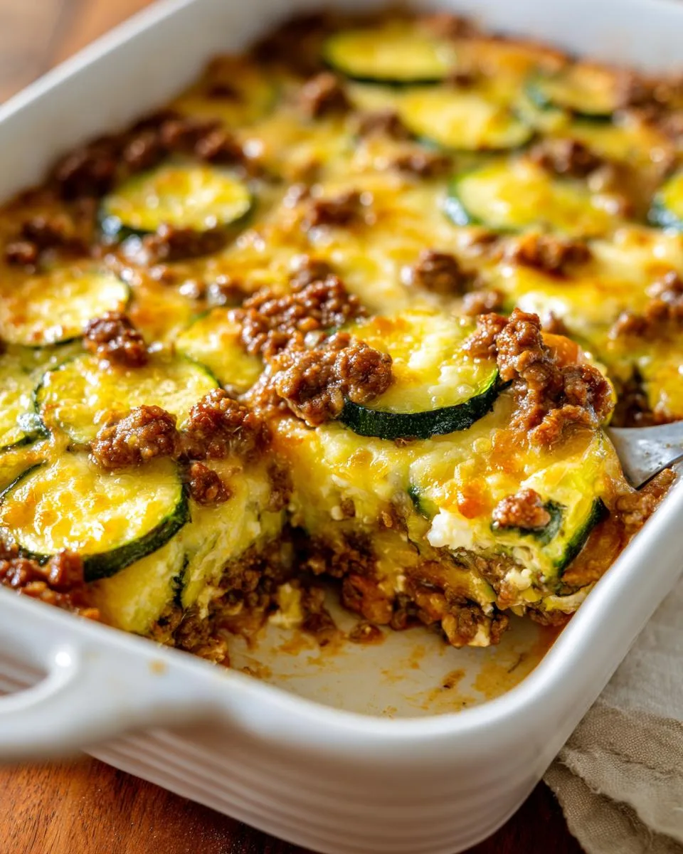 Layered cottage cheese ground beef zucchini bake before baking
