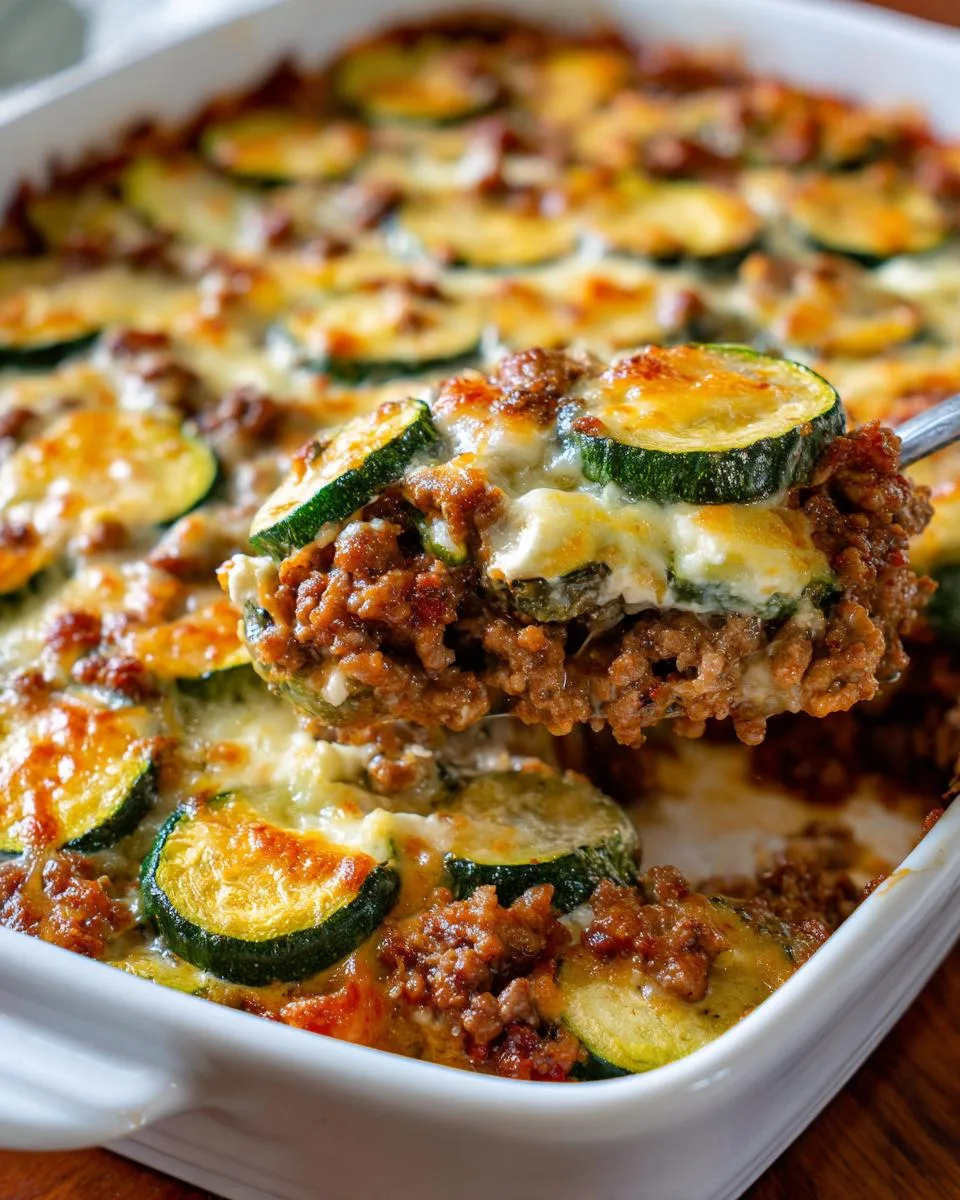 Served cottage cheese ground beef zucchini bake on a plate