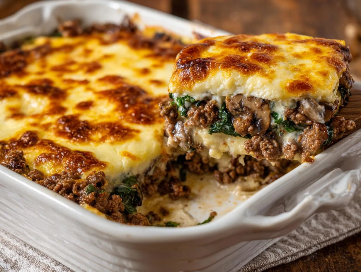 35-Minute Cottage Cheese Mushroom Swiss Burger Casserole Magic