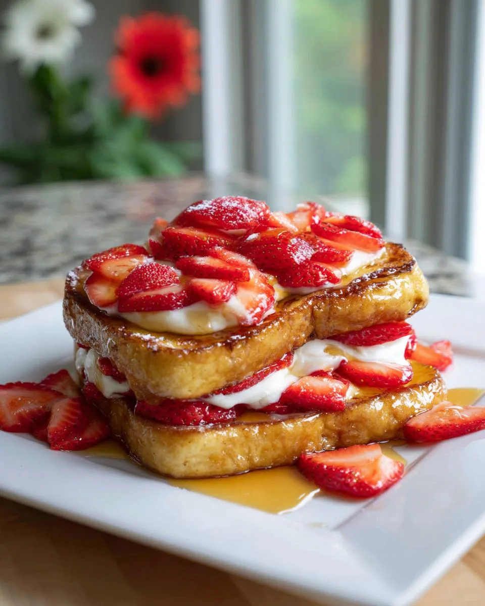 Strawberry French toast with fresh strawberries and powdered sugar