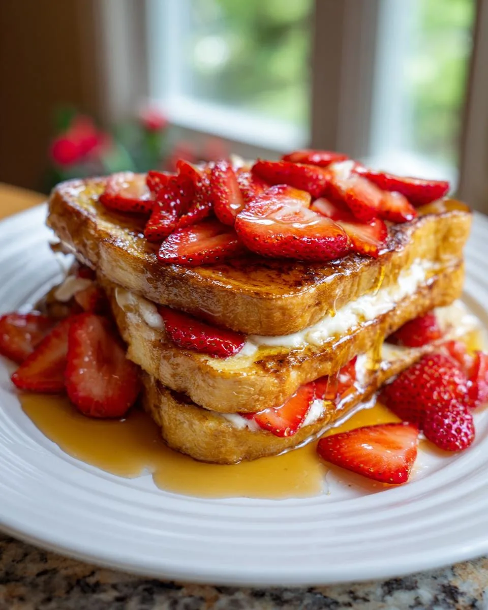 Golden strawberry French toast served with fresh berries and syrup
