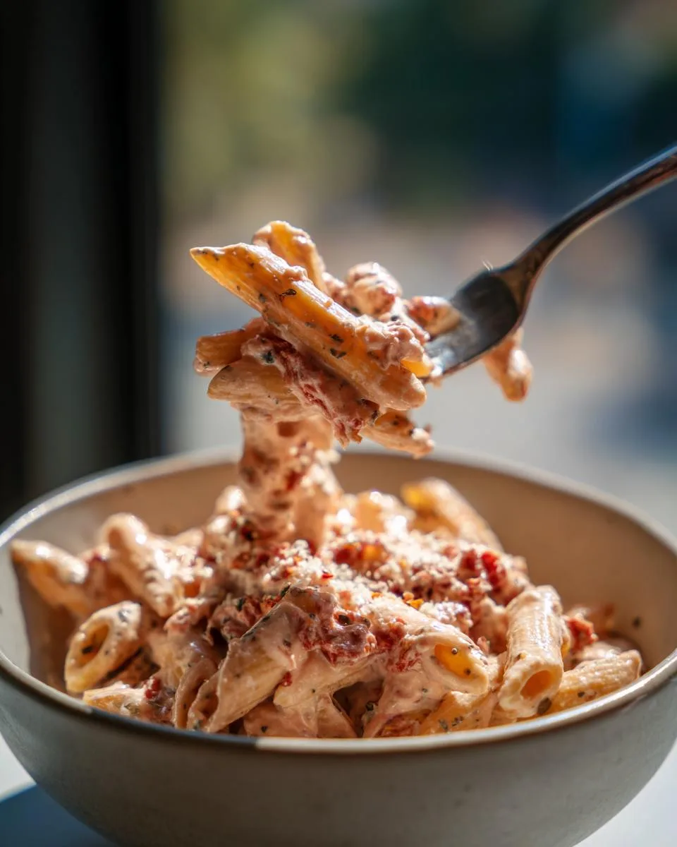 Cottage Cheese Sun-Dried Tomato Pesto Pasta